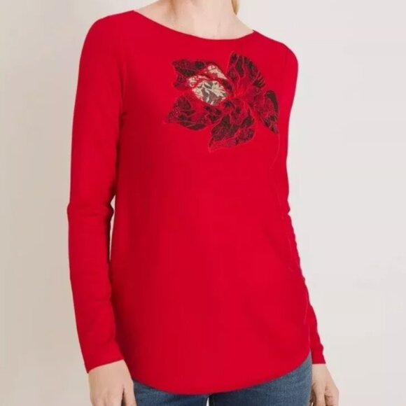 Chicos Sweater Size 1 (Medium) Red Floral Embellished Bateau Neck‎ Long Sleeve - Picture 1 of 8